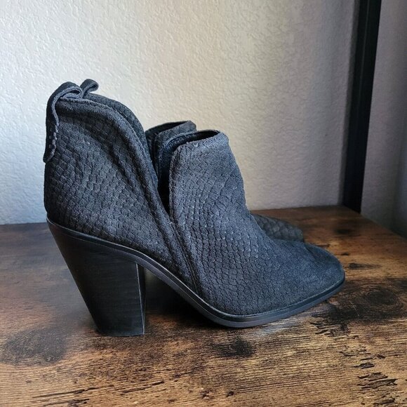JEFFREY CAMPBELL Rosee Bootie Black Suede Leather Stacked Heel Boots Womens 7.5 - Picture 1 of 12